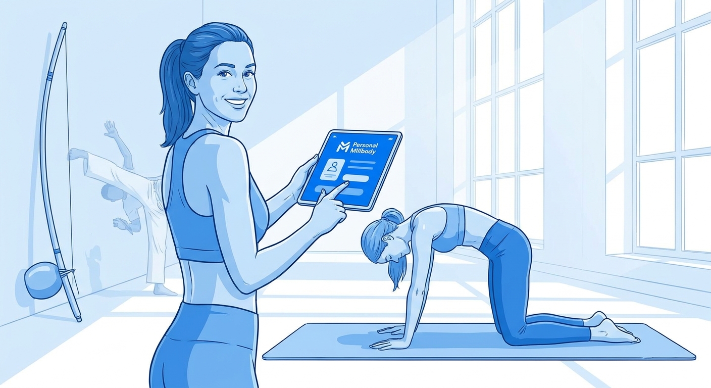 Professora de Pilates usando o app Personal Millbody para sequências guiadas com níveis de dificuldade – Millbody vs MFit