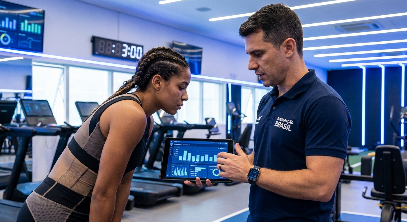 Preparador de atletas usando o app Millbody ao lado de atleta de alto rendimento