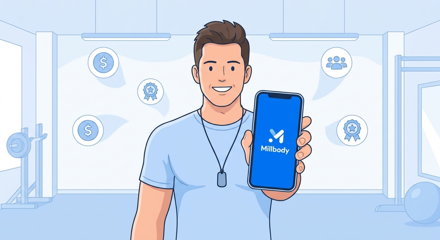 Personal Trainer utilizando o app Millbody com ícones de monetização e comunidade
