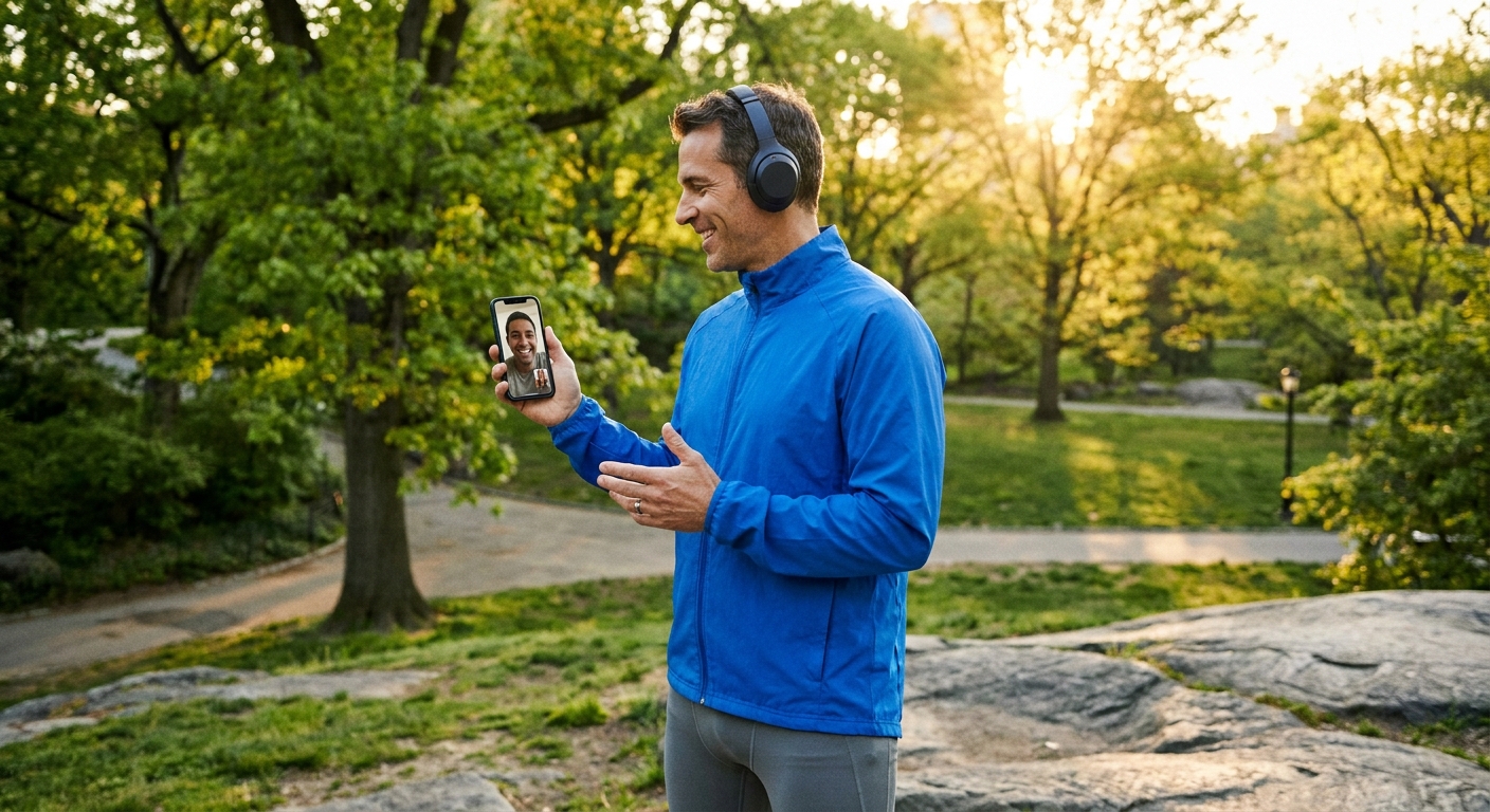 Instrutor de corrida de perfil em um parque usando fones de ouvido e celular conectado com o aluno - Millbody vs MFit