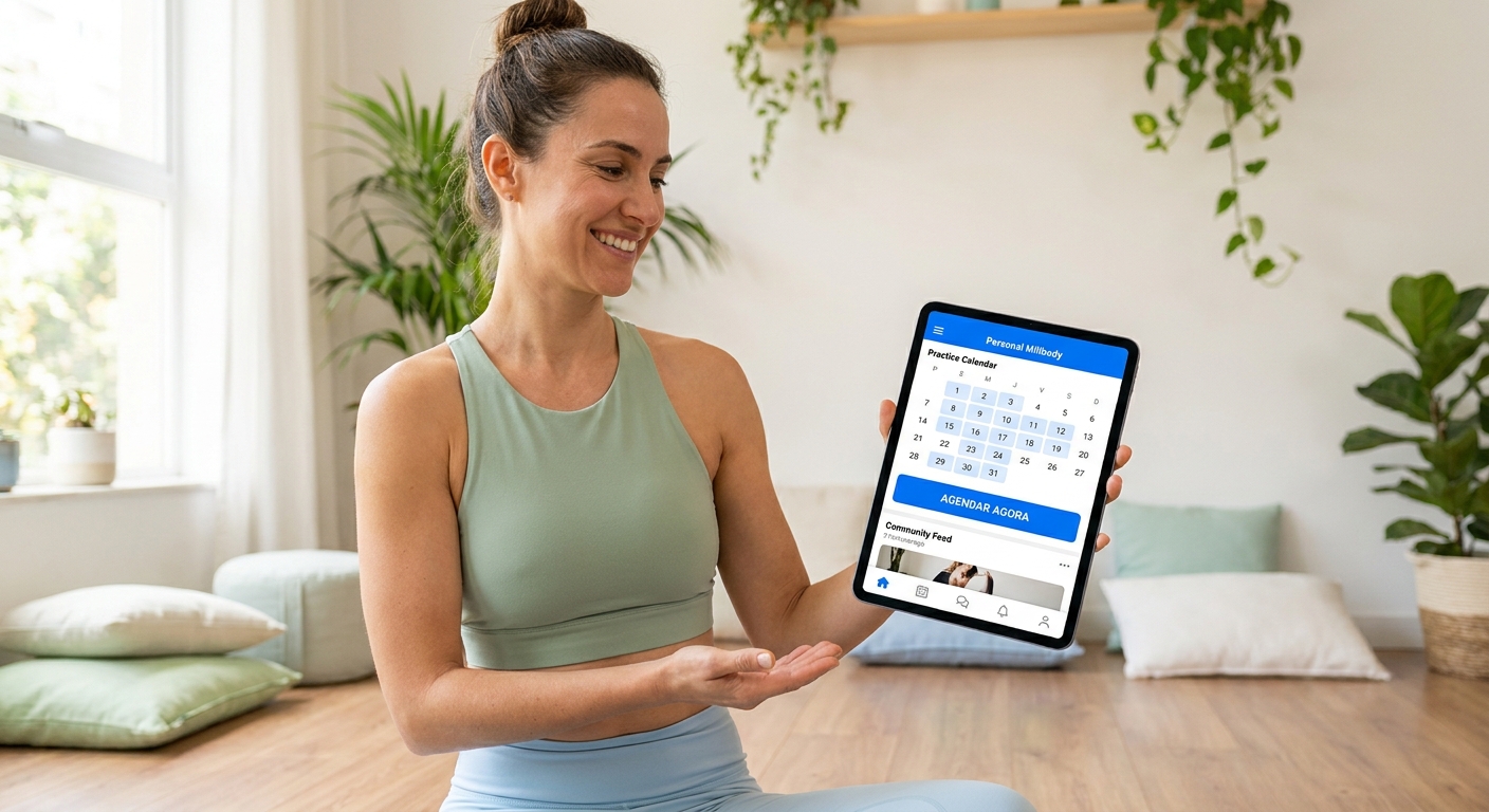 Instrutora de yoga sorrindo usando o app Personal Millbody com calendário de práticas e comunidade