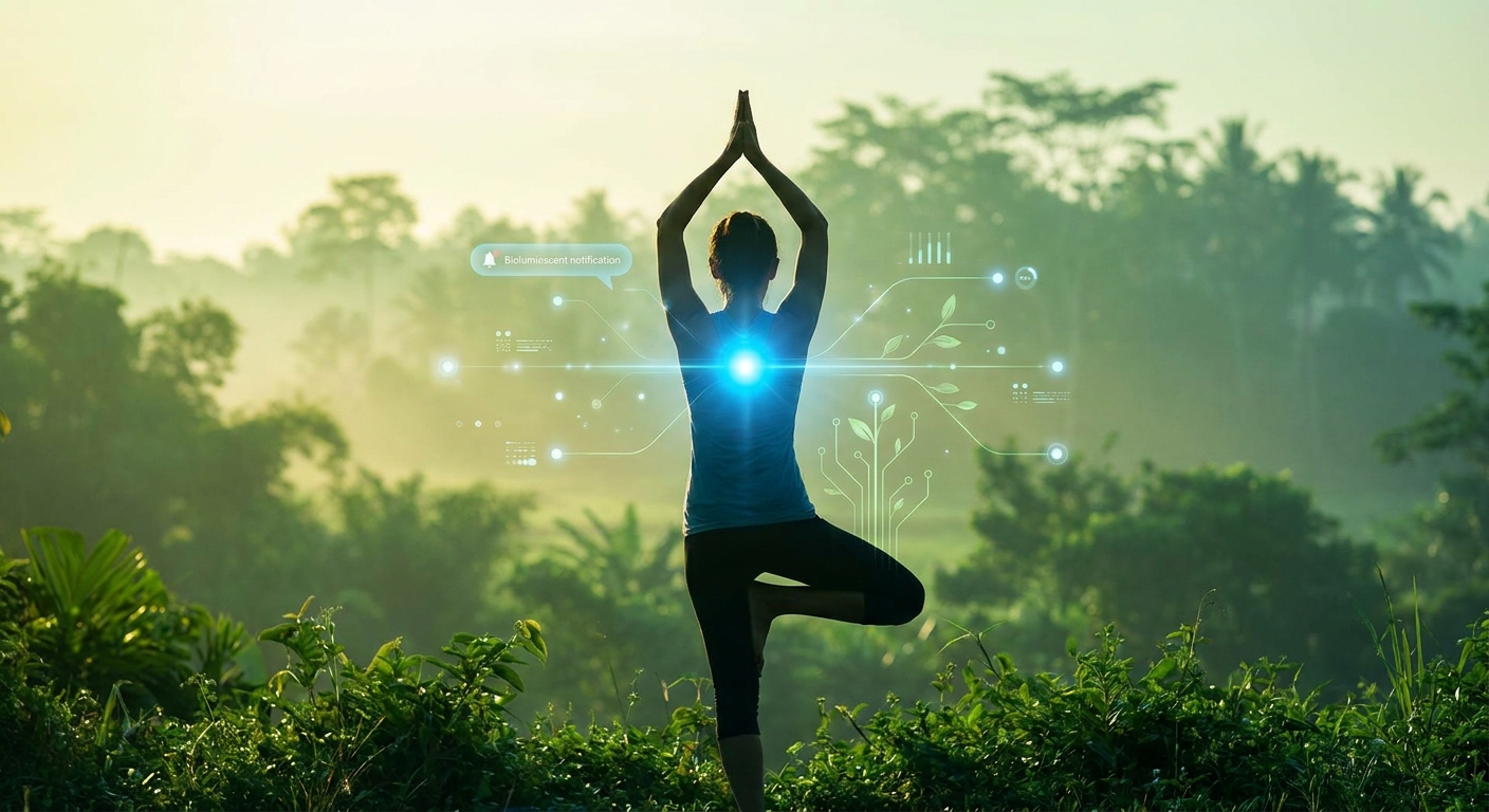Conceito de equilíbrio entre tecnologia e bem-estar com silhueta de yoga e elementos tecnológicos