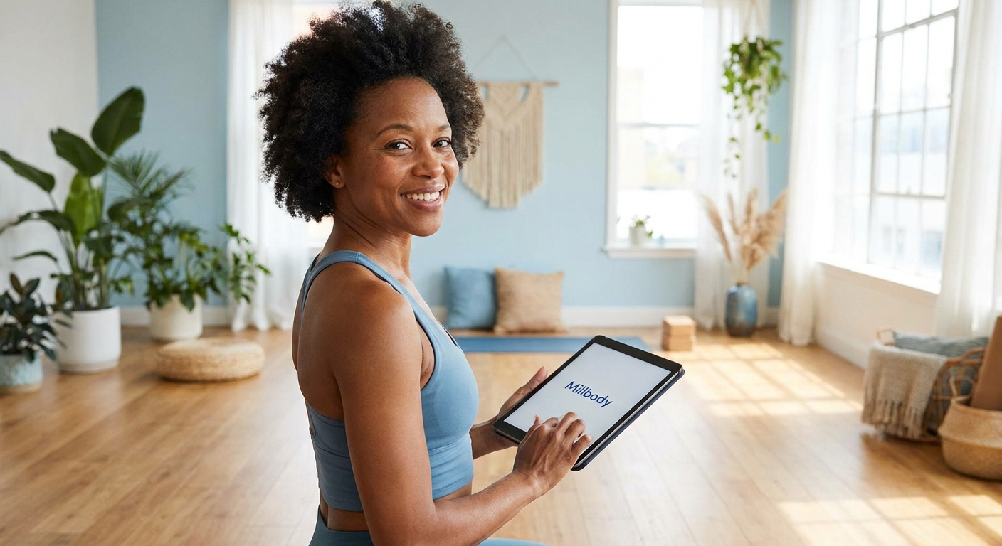 Professora de yoga sorrindo usando o app Millbody personal trainer em um tablet, estúdio claro e acolhedor