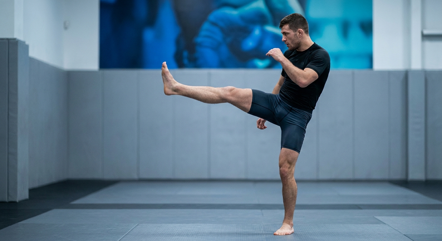 Atleta de MMA realizando exercício de mobilidade de quadril para prevenção de lesões e melhora da amplitude de movimento