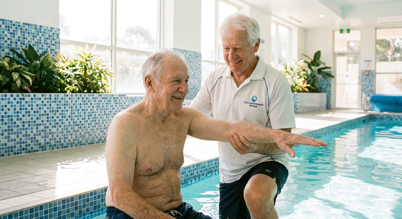 Mobilidade articular na natação: exercícios para idosos e reabilitação Personal trainer de natação ensinando exercício de mobilidade articular para aluno idoso na borda da piscina