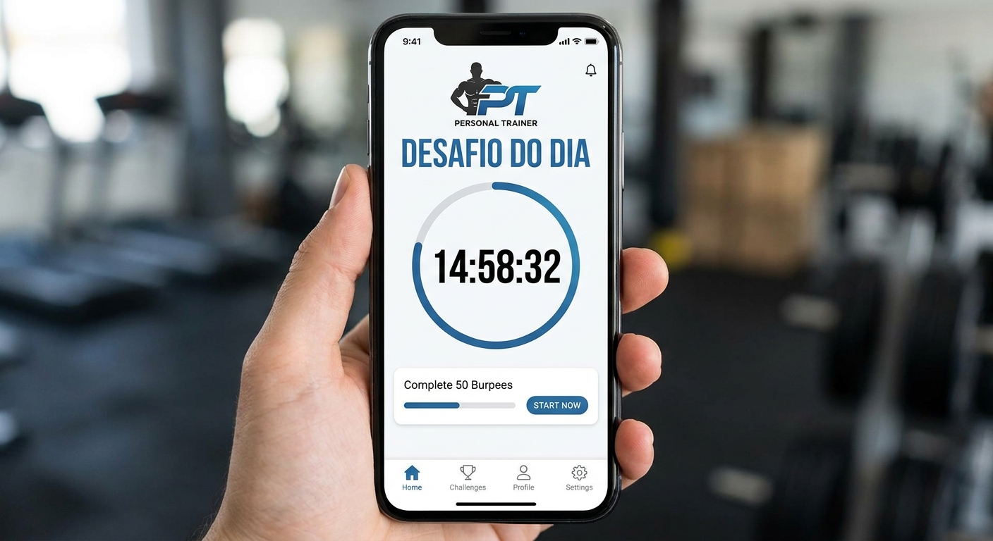 Mockup do aplicativo Personal Millbody mostrando a tela de desafio diário para Cross Training com cronômetro