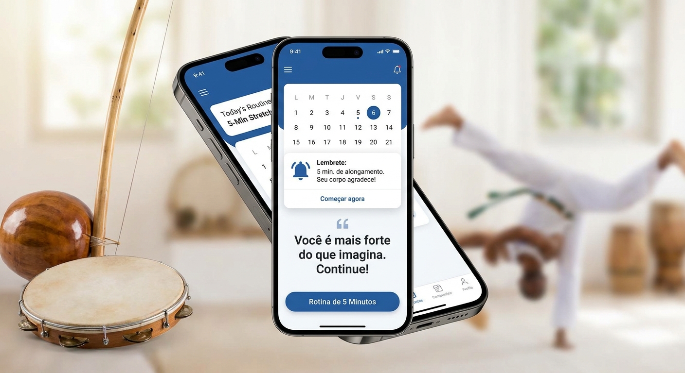 Mockup do aplicativo Personal Millbody mostrando tela de notificações diárias com rotina de alongamento de 5 minutos para capoeira