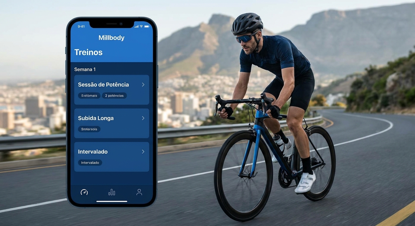 Mockup do aplicativo Millbody personalizado para personal trainer de ciclismo com treinos e acompanhamento