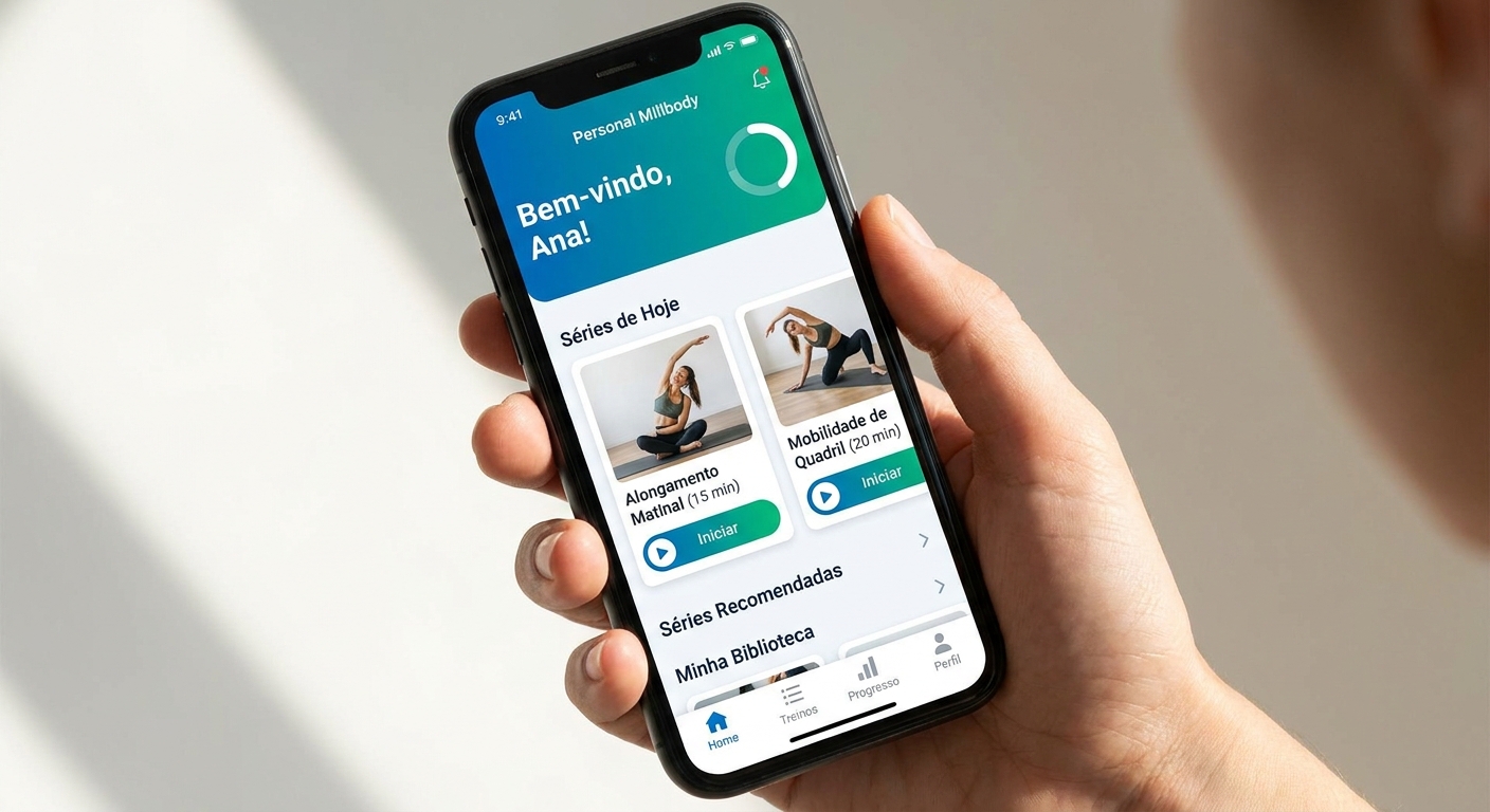 Mockup do app Personal Millbody mostrando séries de alongamento e mobilidade em tons de azul e verde