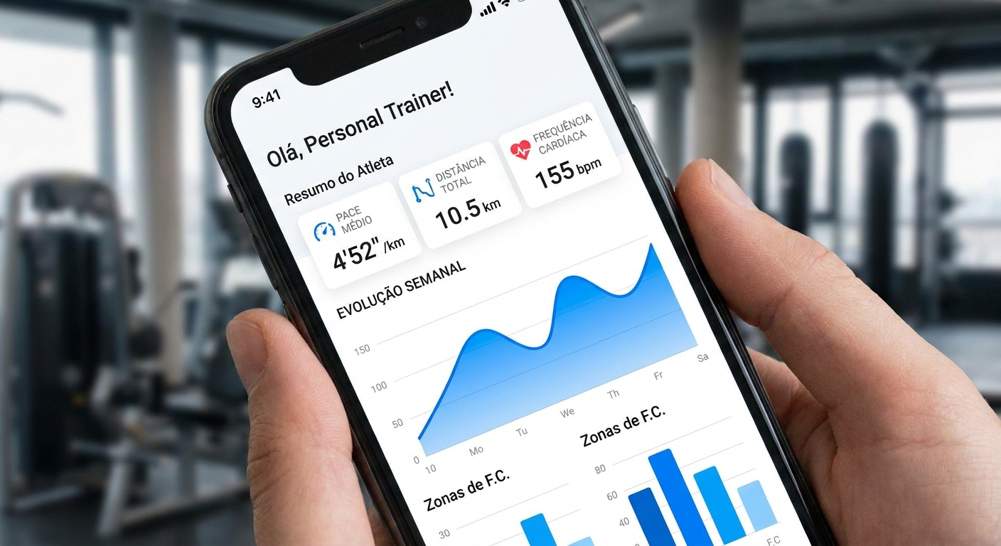 Mockup de tela do app de treinos para personal trainer Personal Millbody mostrando dados de corrida: pace, distância, frequência cardíaca e evolução semanal