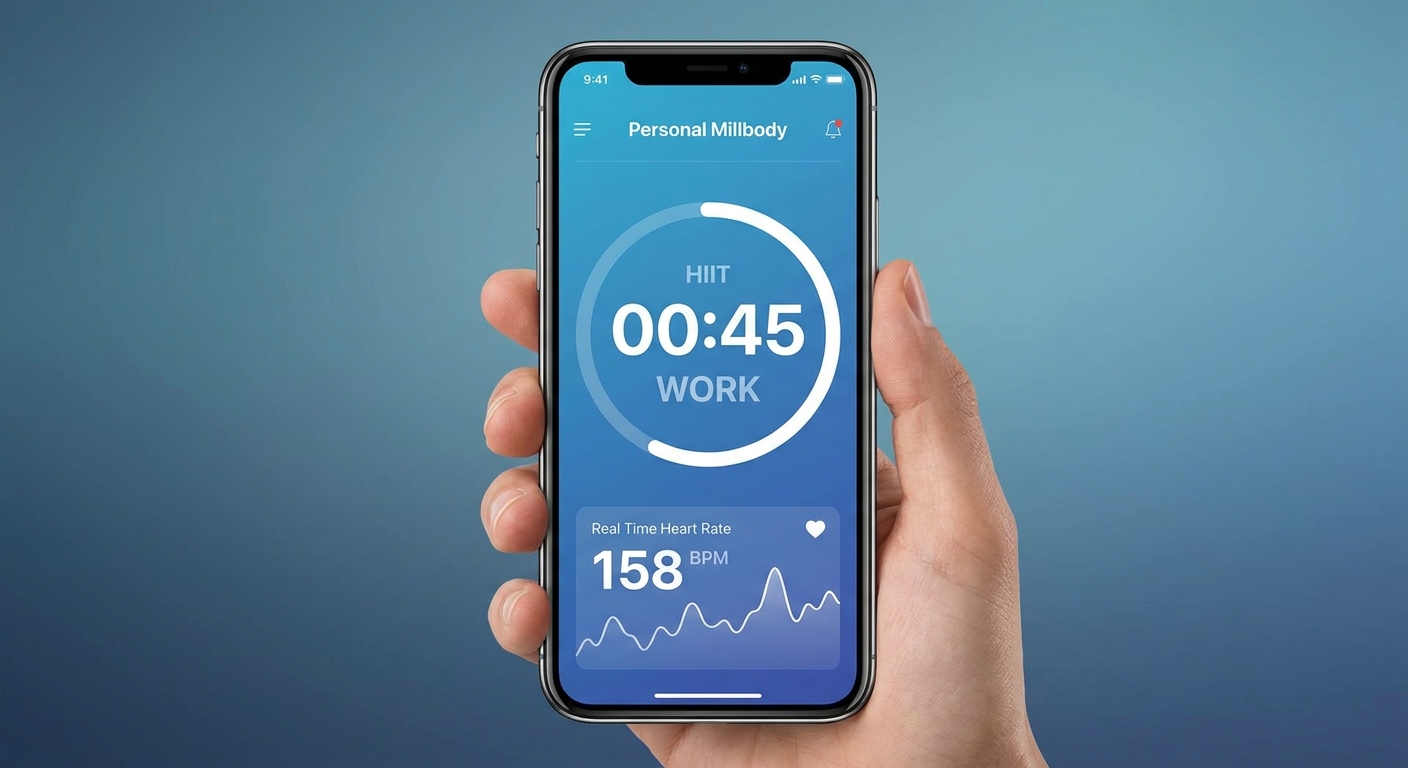 Tela do app Personal Millbody com cronômetro e monitor cardíaco para treinos intensos Mockup do aplicativo Personal Millbody mostrando cronômetro e batimento cardíaco para treino HIIT