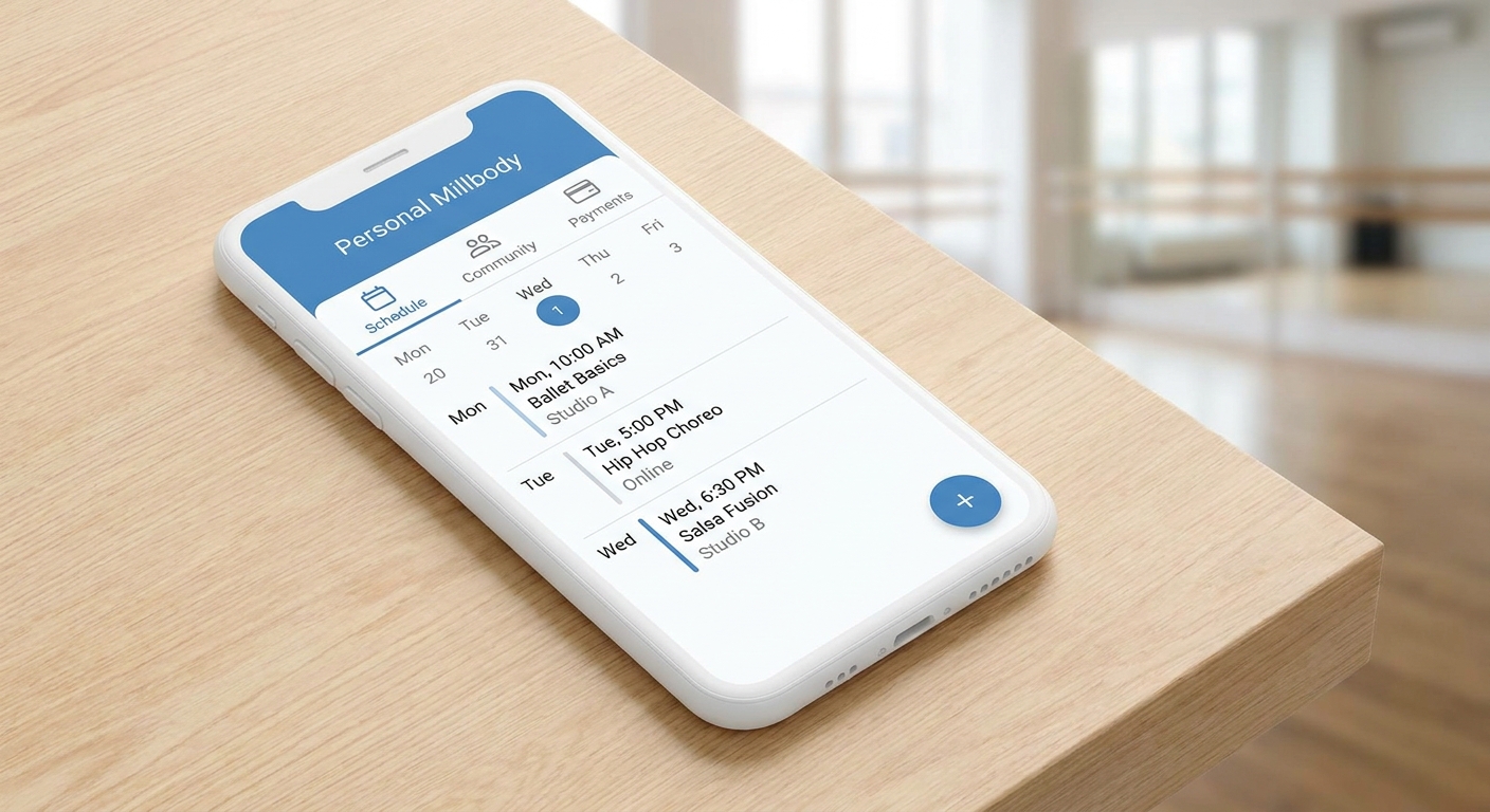 Mockup do app Personal Millbody mostrando tela de agendamento e comunidade para professores de dança