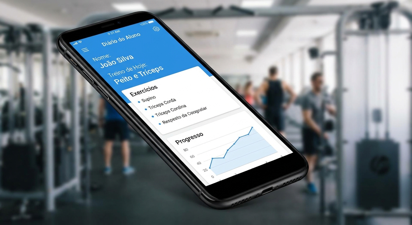 Mockup do app Personal Millbody mostrando a tela do Diário do Aluno
