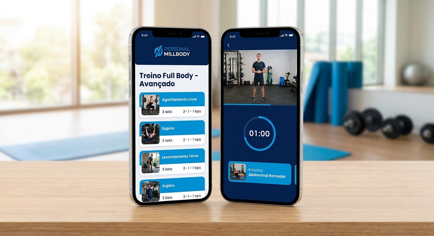 Mockup do app Personal Millbody em dois celulares com tela de treino personalizado