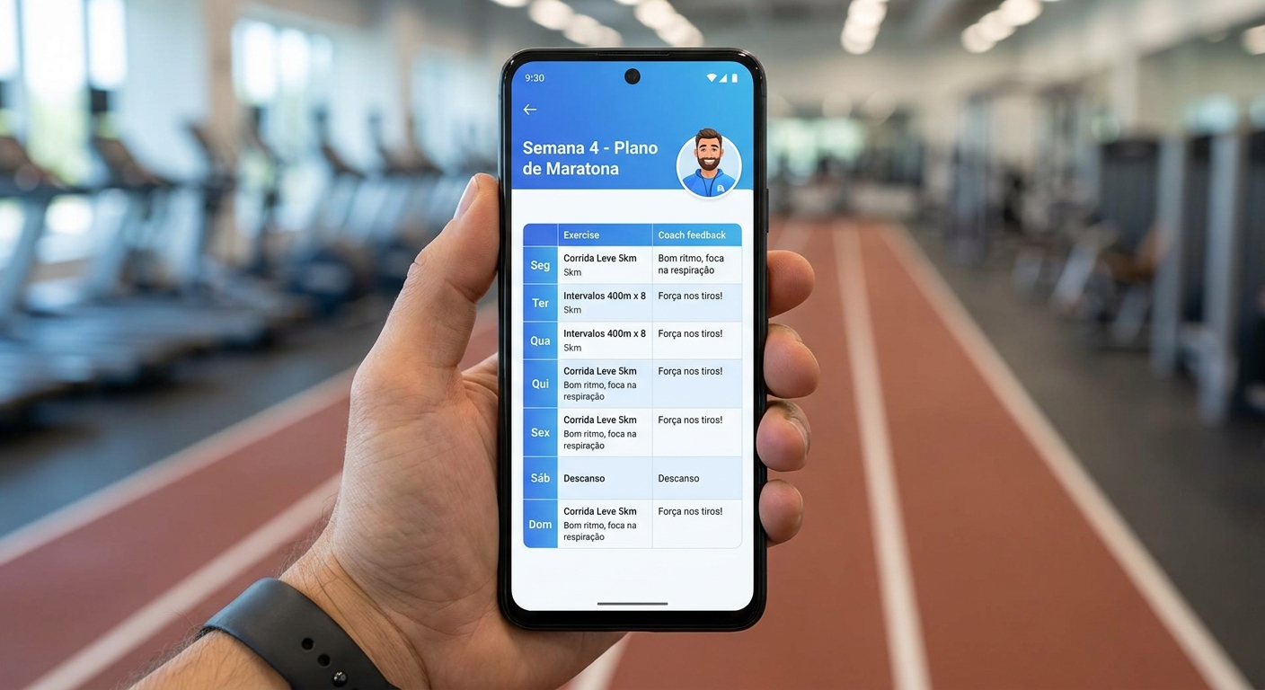 Mockup do aplicativo Personal Millbody mostrando planilha semanal de treino e feedback do coach