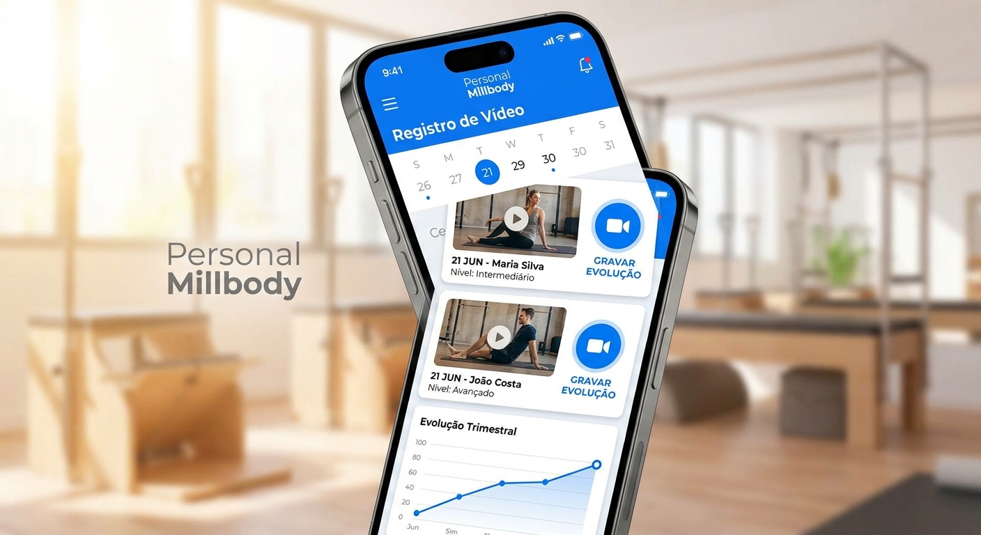 Mockup do app Personal Millbody mostrando funcionalidade de registro de vídeo por data e nível do aluno