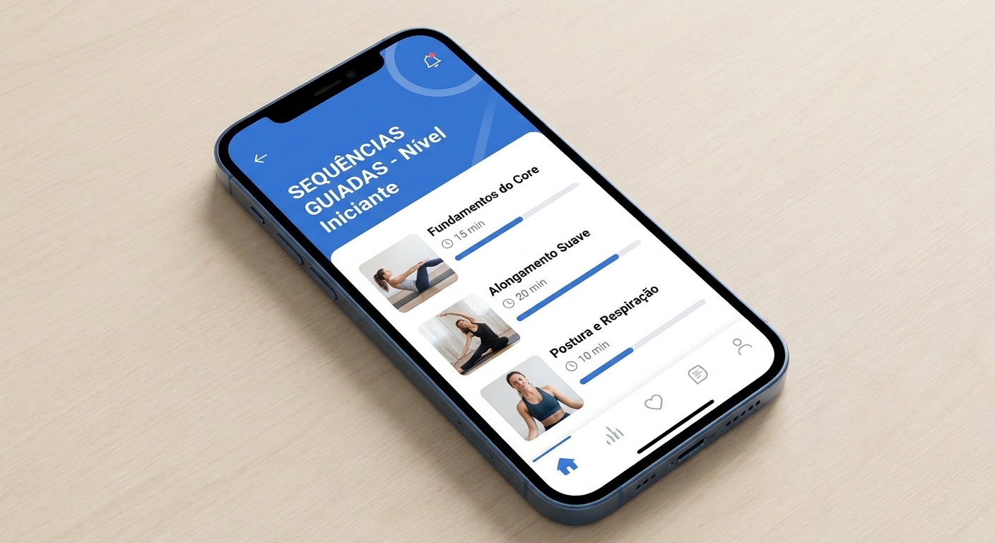 App Personal Millbody - Sequências Guiadas Mockup do app Personal Millbody com tela de Sequências Guiadas Nível Iniciante