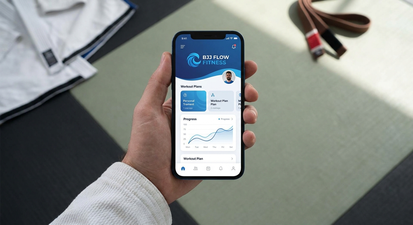Mockup do aplicativo Personal Millbody em um smartphone mostrando a marca personalizada do professor de Jiu-Jitsu