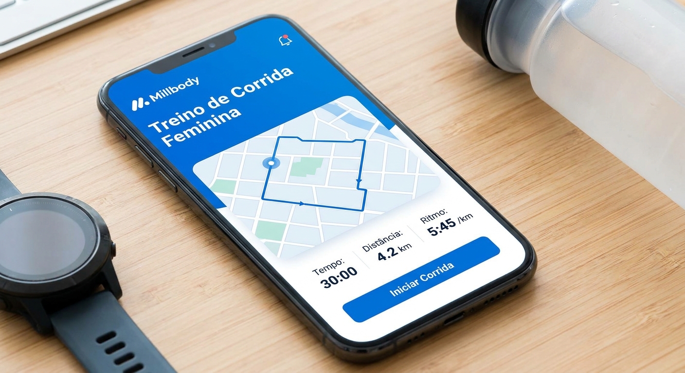 Tela do app Personal Millbody com treino de corrida feminino Tela do app Personal Millbody com treino de corrida feminino