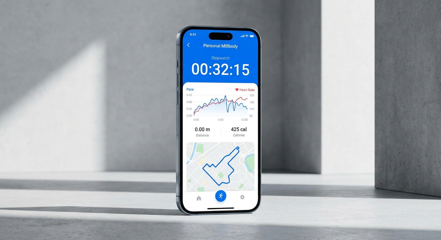 Mockup do app Personal Millbody mostrando tela de treino de corrida personalizado para personal trainer