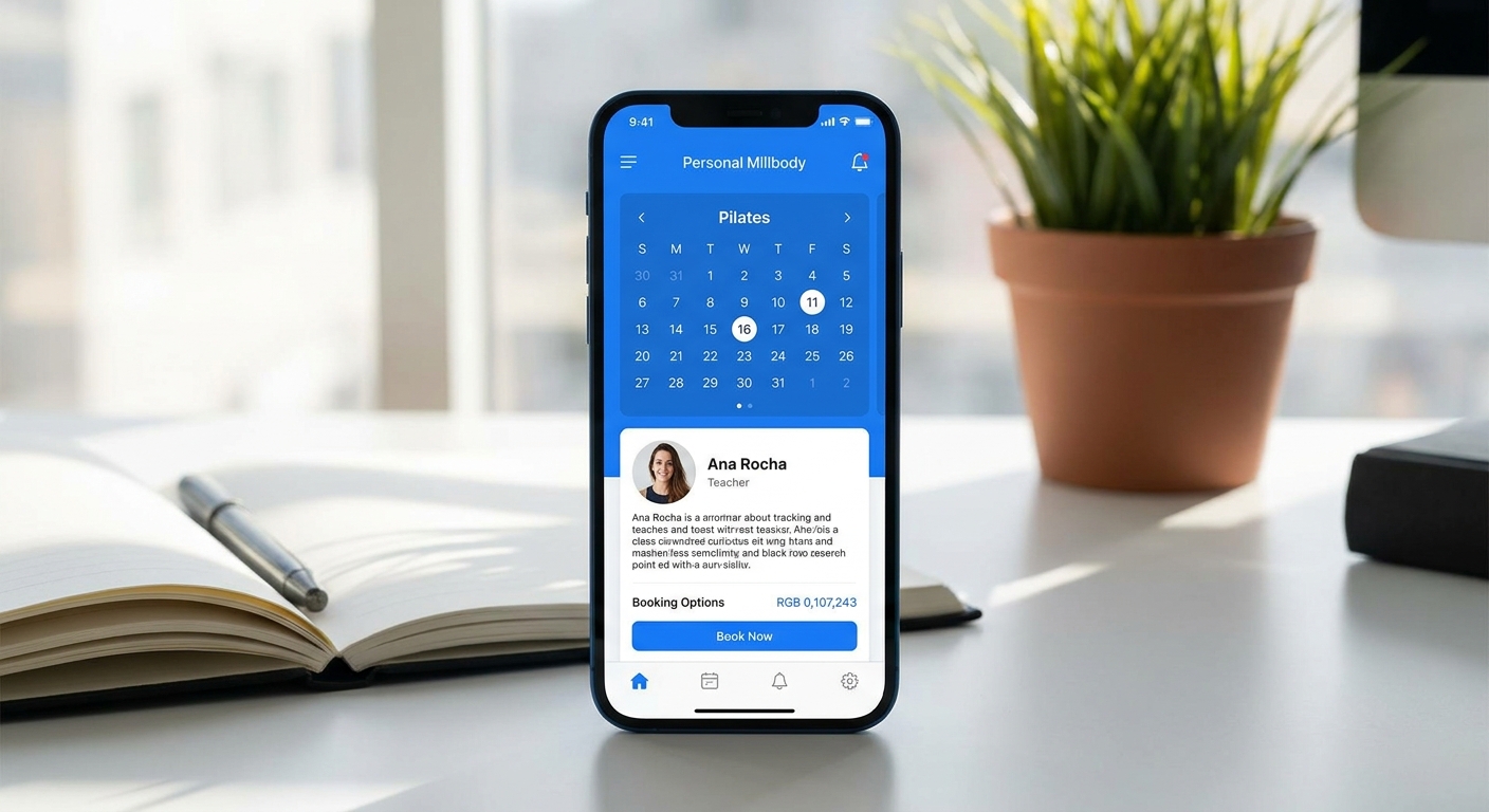 Mockup do aplicativo Personal Millbody mostrando tela de agendamento e perfil do professor de Pilates