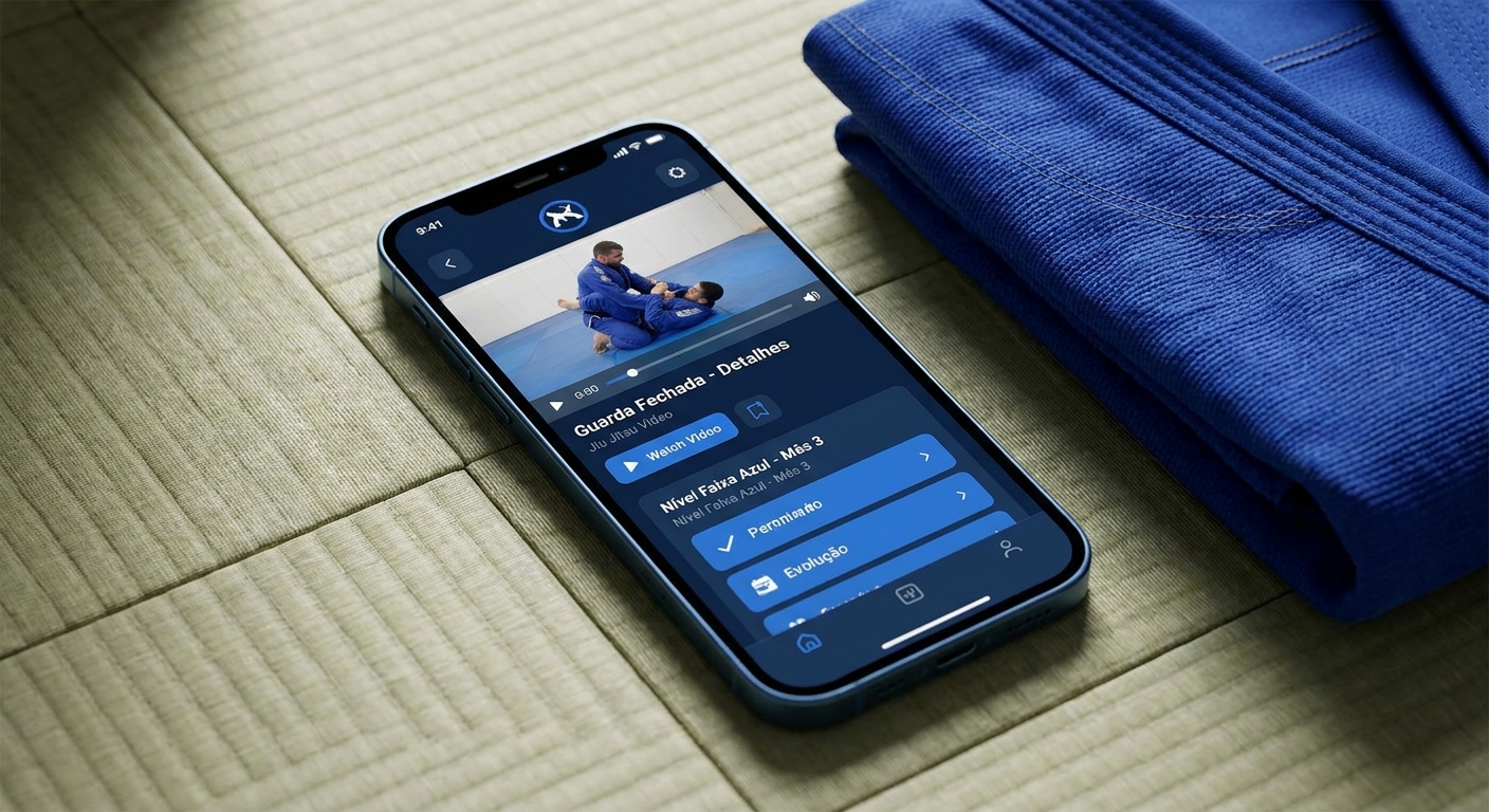 plataforma personal trainer jiu-jitsu Mockup de aplicativo personal trainer jiu-jitsu mostrando vídeos de técnica e planos de evolução