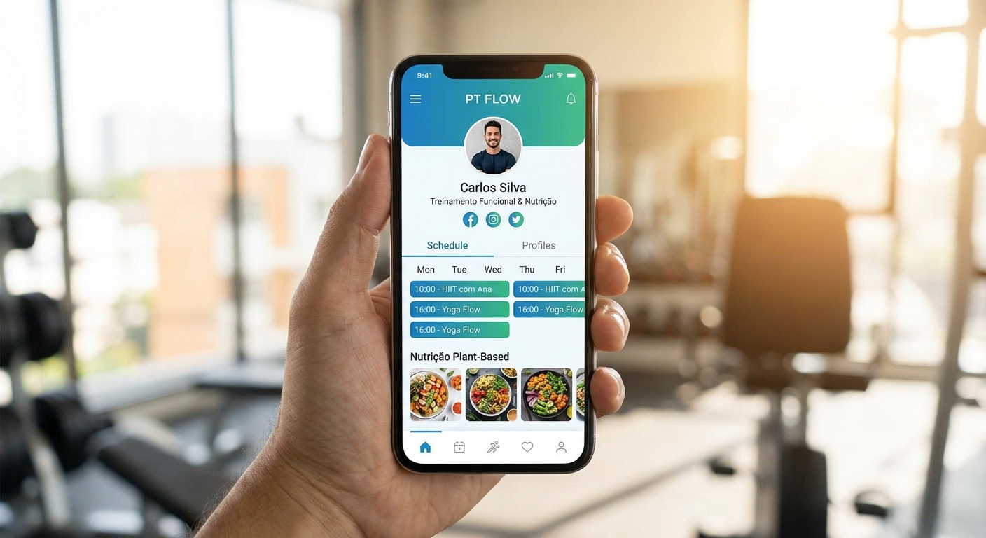 App Personal Millbody para personal vegano Mockup aplicativo personal trainer vegano Personal Millbody mostrando perfil e agenda