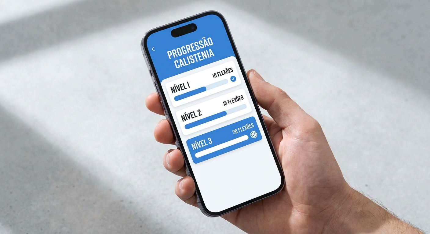 Mockup de aplicativo para personal trainer mostrando tela de progressão por níveis na calistenia