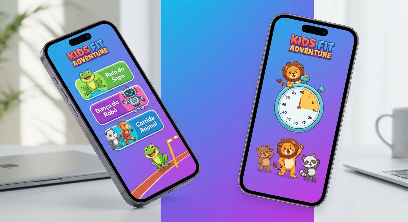 Mockup do aplicativo de treino para crianças da Personal Millbody com exercícios lúdicos e interface colorida