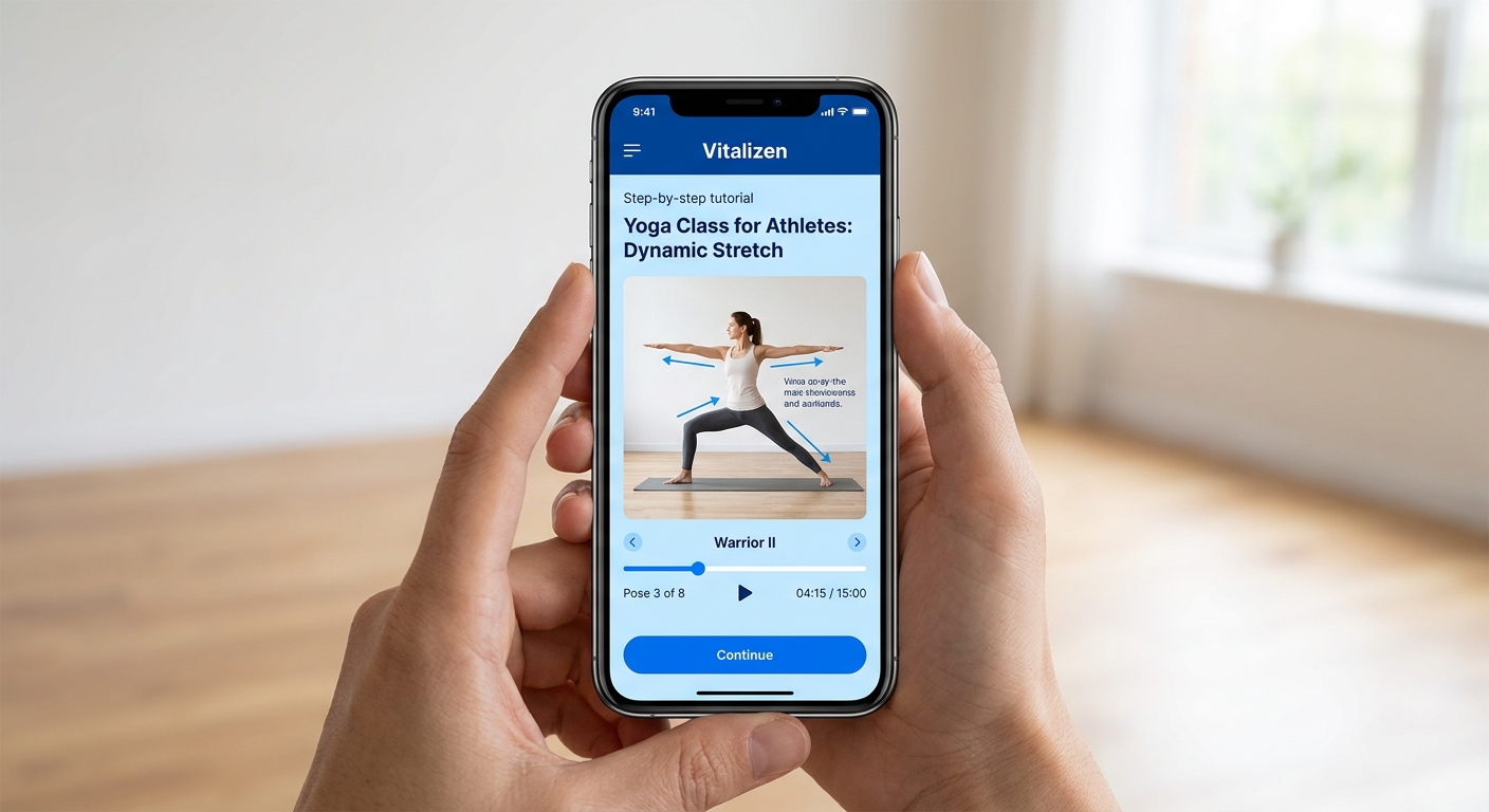 Mockup do aplicativo Vitalizen mostrando aula de yoga para atletas de alto rendimento