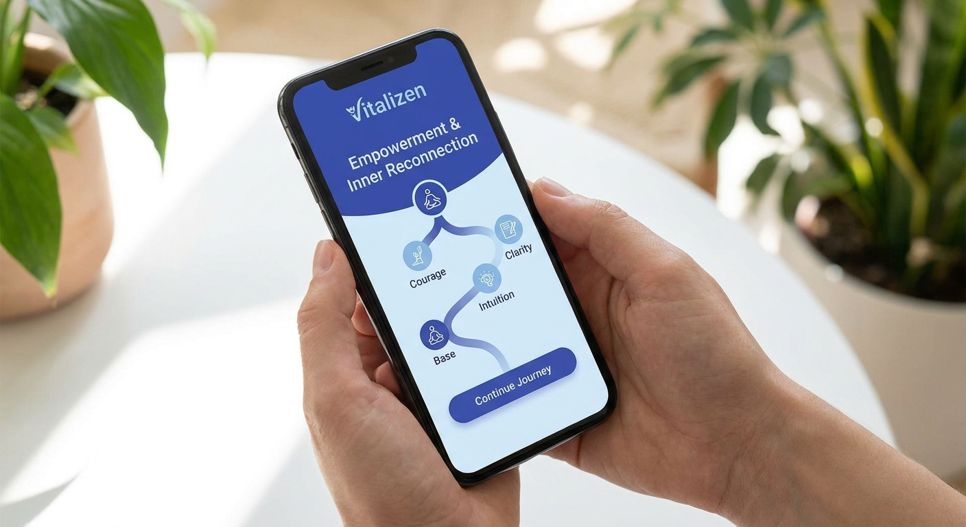 Mockup do app Vitalizen mostrando trilha de empoderamento e reconexão interior