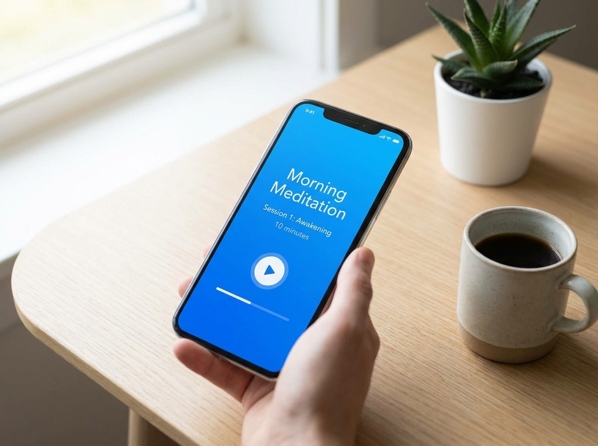 Mockup do Vitalizen App — tela de meditação matinal para líderes
