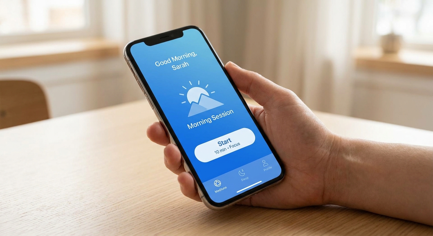Mockup do aplicativo Vitalizen.app exibindo sessão de meditação matinal para líderes com interface azul
