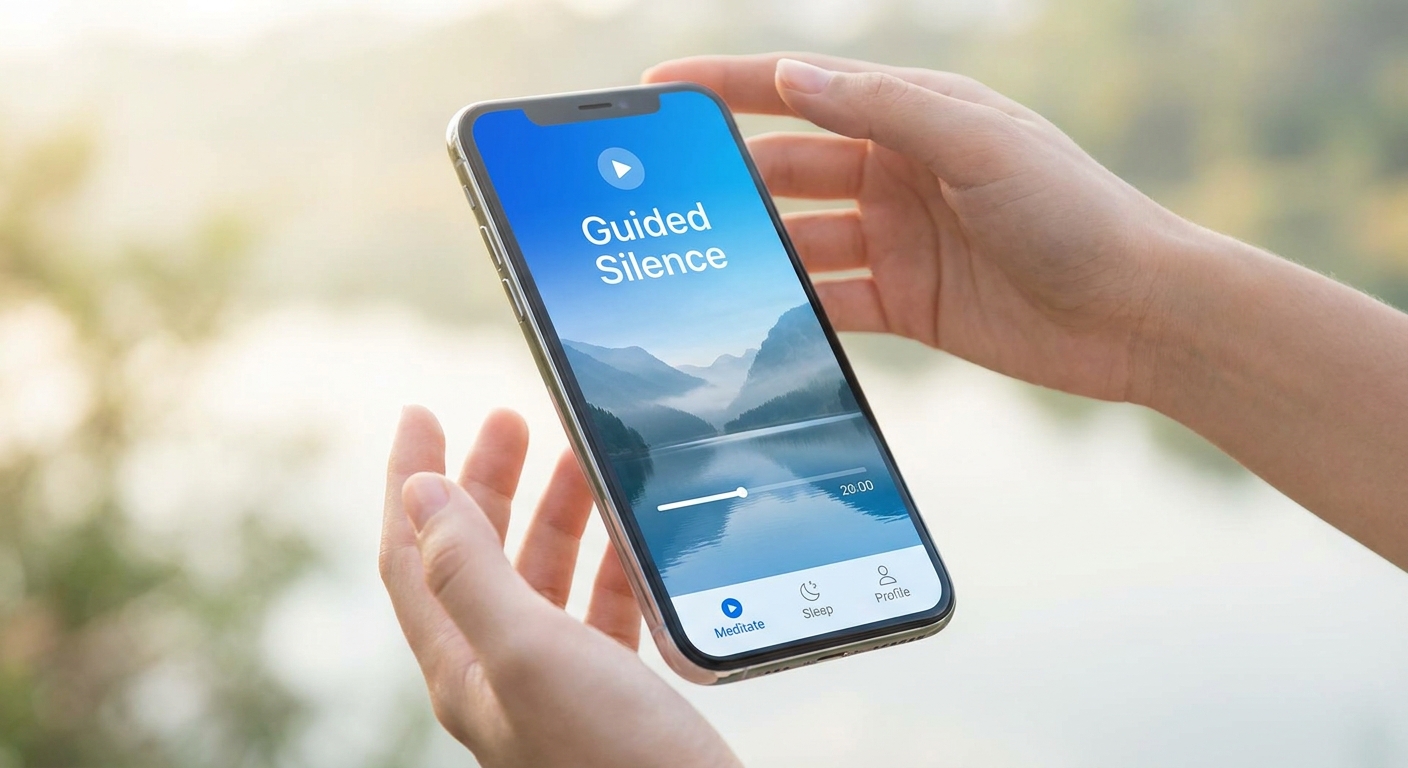 Mockup do app Vitalizen exibindo trilha de silêncio guiado