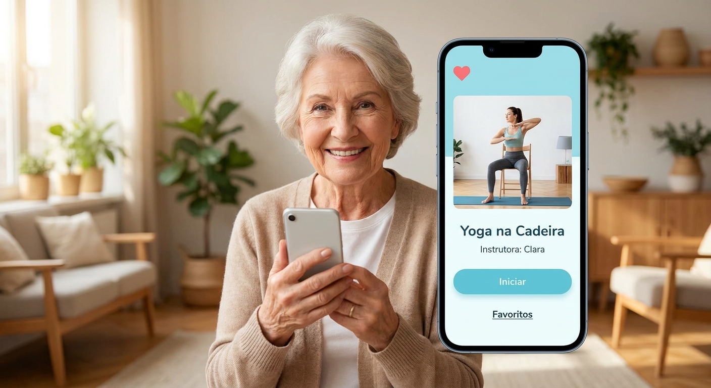 Mockup do app Vitalizen mostrando prática de yoga na cadeira para idosa ativa