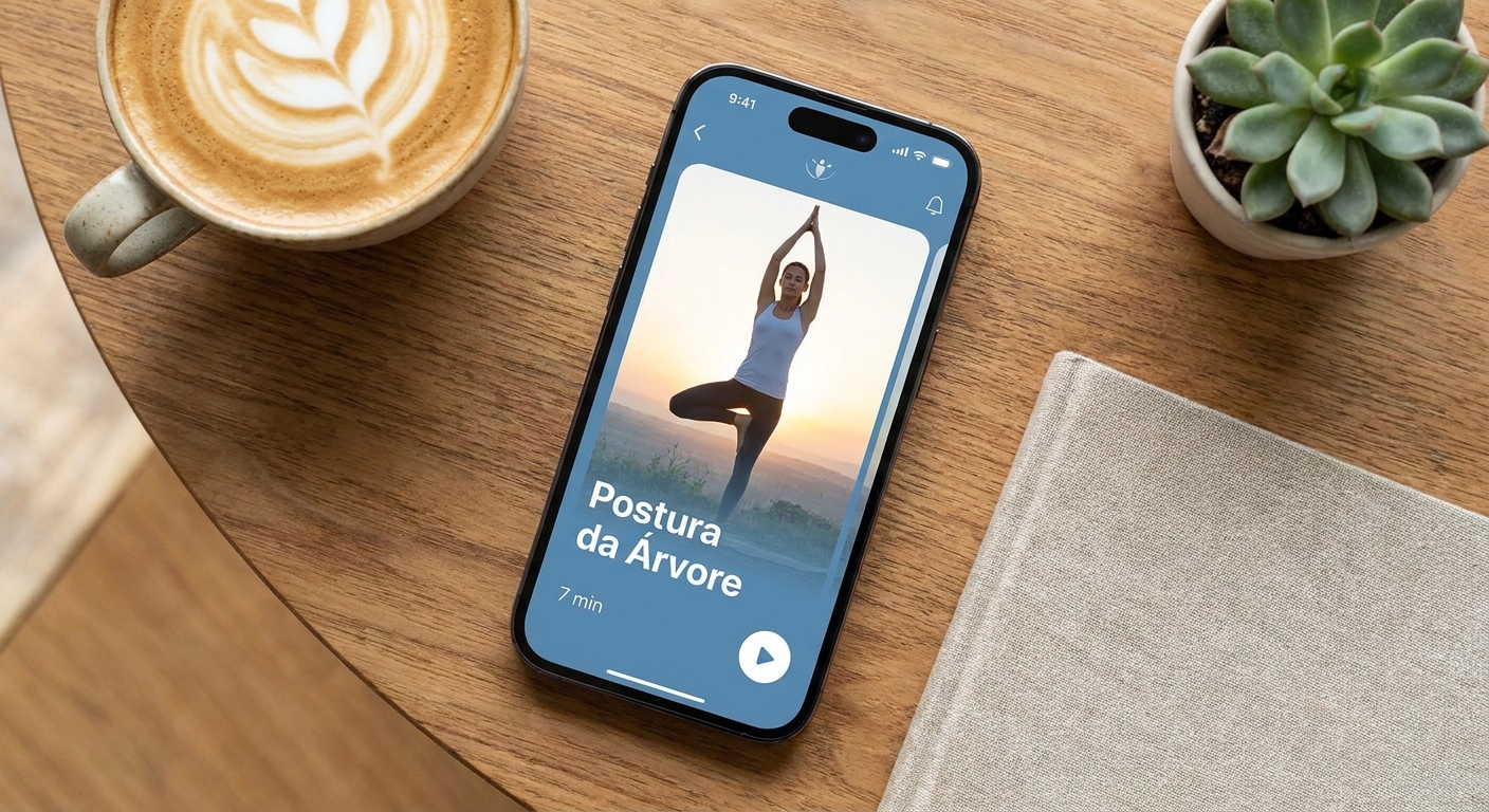 Mockup do aplicativo Vitalizen exibindo prática guiada de yoga - Postura da Árvore