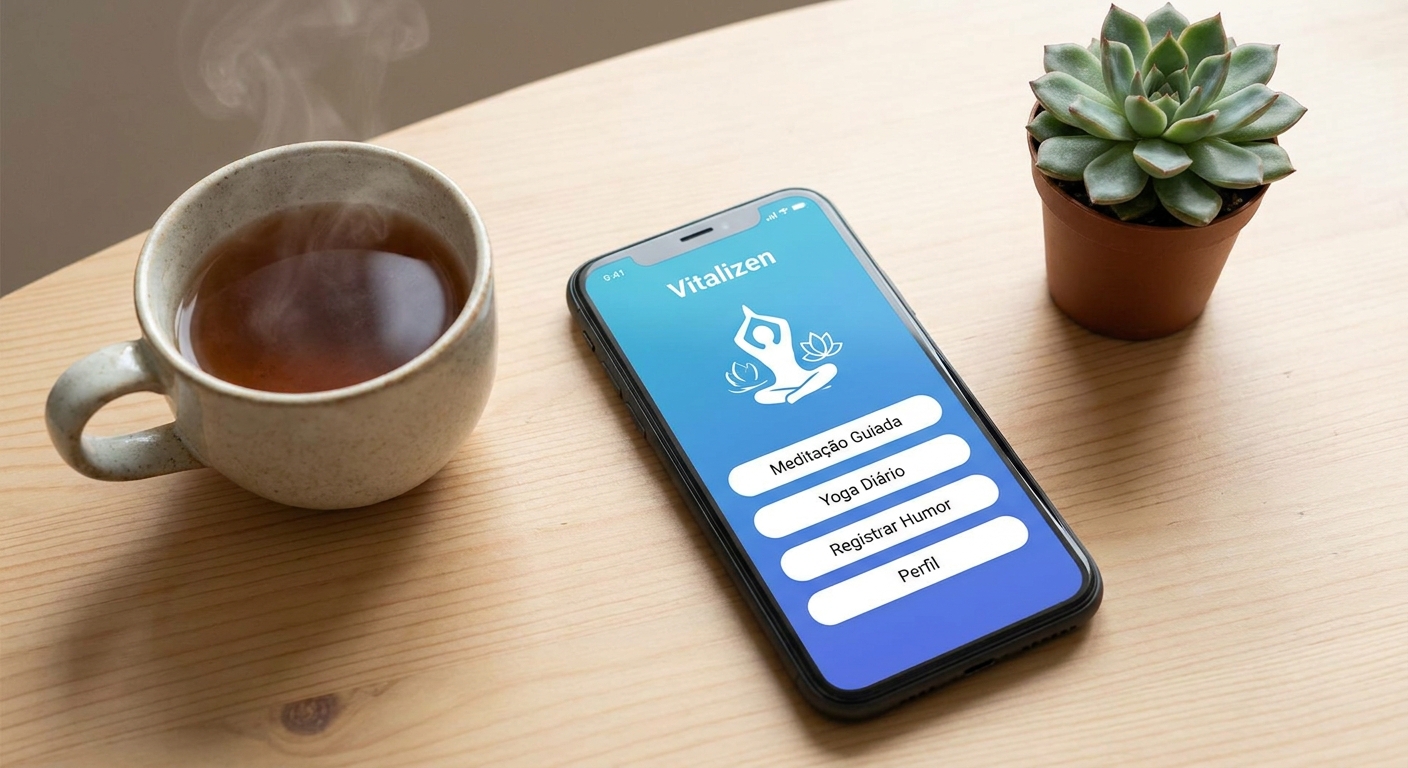 Mockup do aplicativo Vitalizen para yoga e meditação para idosos, com interface em português e design acolhedor