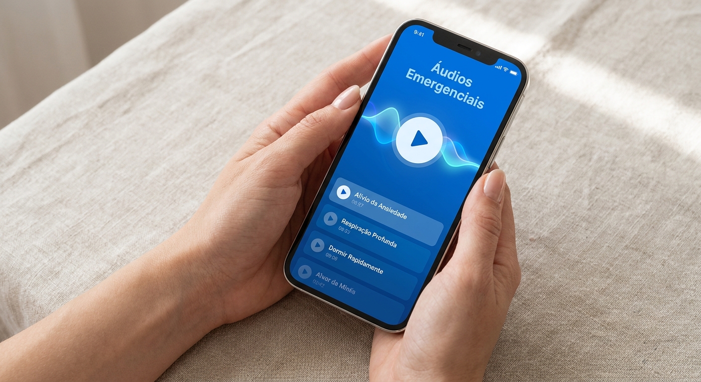 Mockup do app Vitalizen com áudios emergenciais para ansiedade