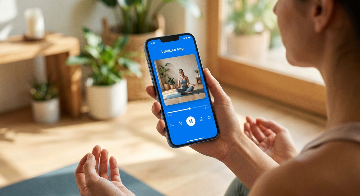 Mockup do aplicativo Vitalizen App mostrando aula de yoga para iniciantes em andamento | Vitalizen App