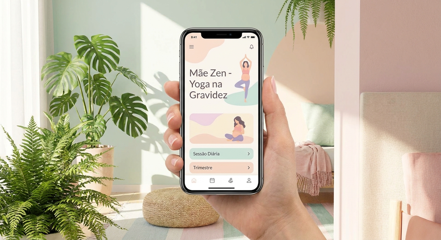 Mockup do Vitalizen App na mão de uma gestante - Baixe agora