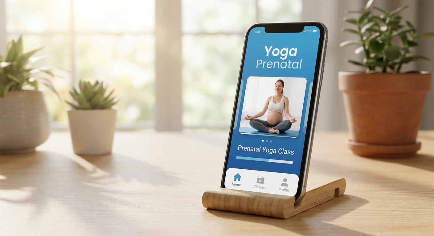 Mockup do Vitalizen App mostrando aula de yoga prenatal para gestantes