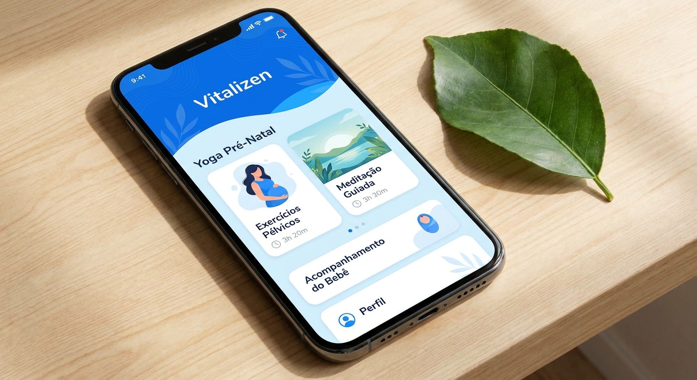 Mockup do Vitalizen App mostrando a seção de yoga pré-natal com exercícios pélvicos e meditação