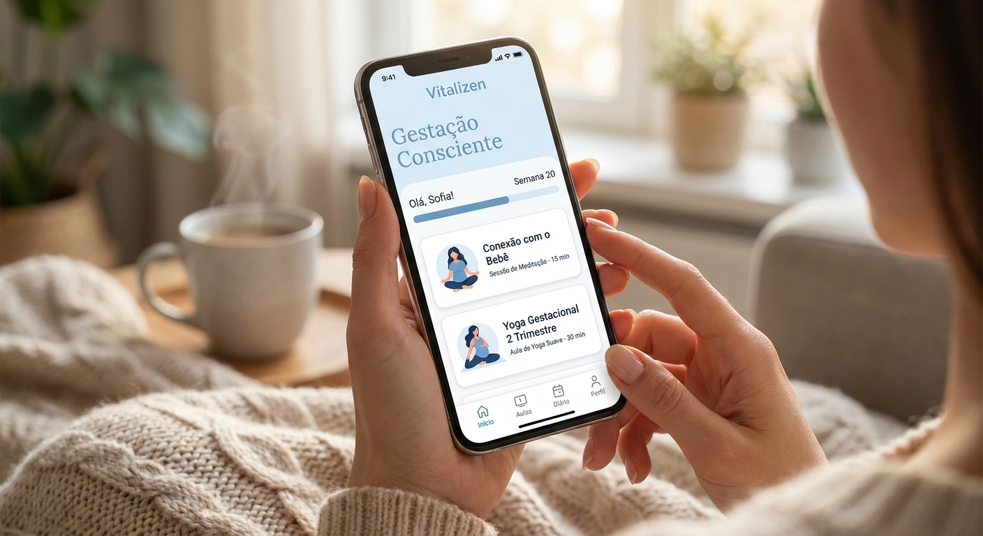Mockup do Vitalizen, o melhor app para yoga e meditação 2026, com programa Gestação Consciente