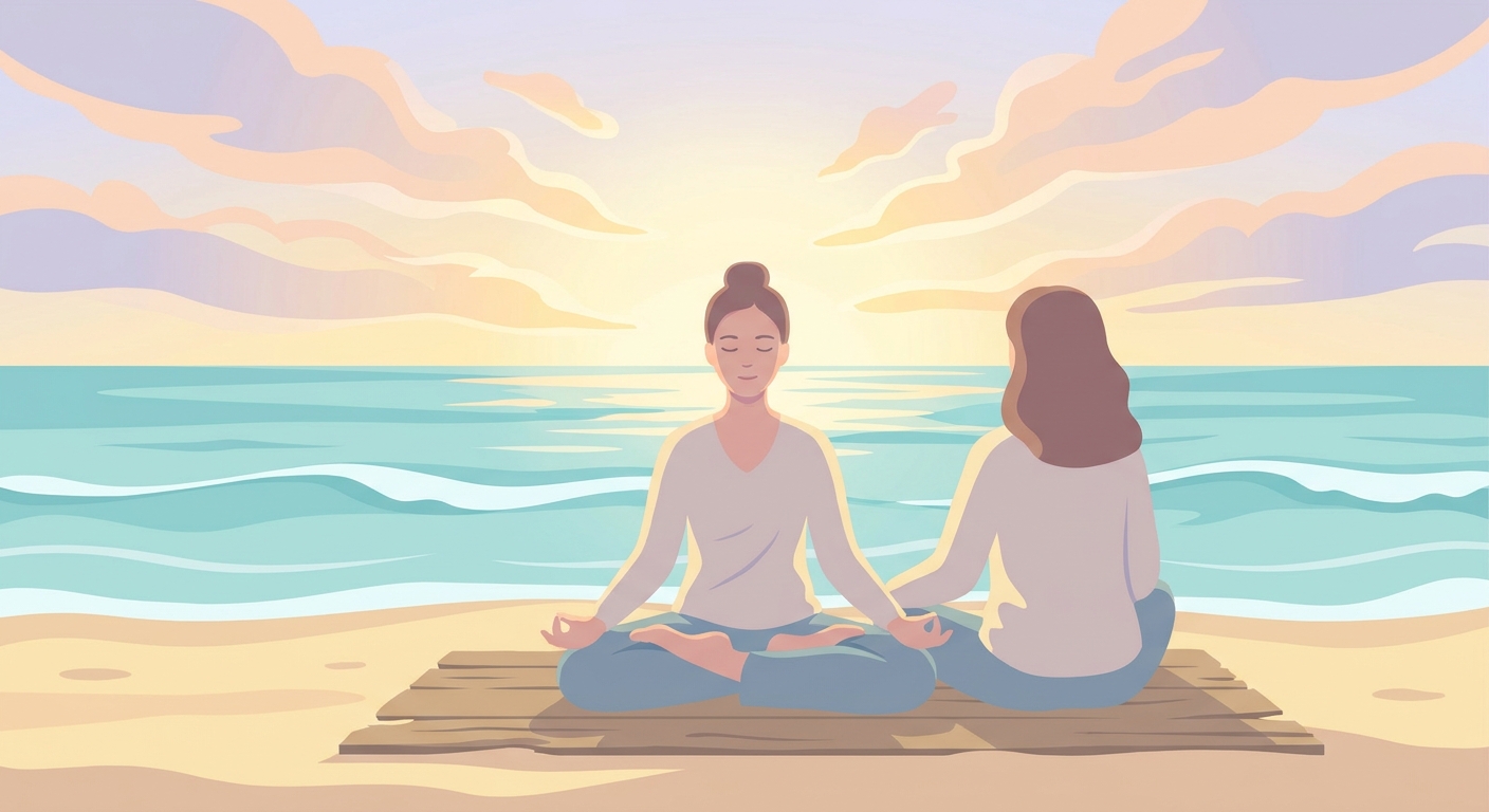Woman meditating at sunrise on the beach — morning meditation for beginners