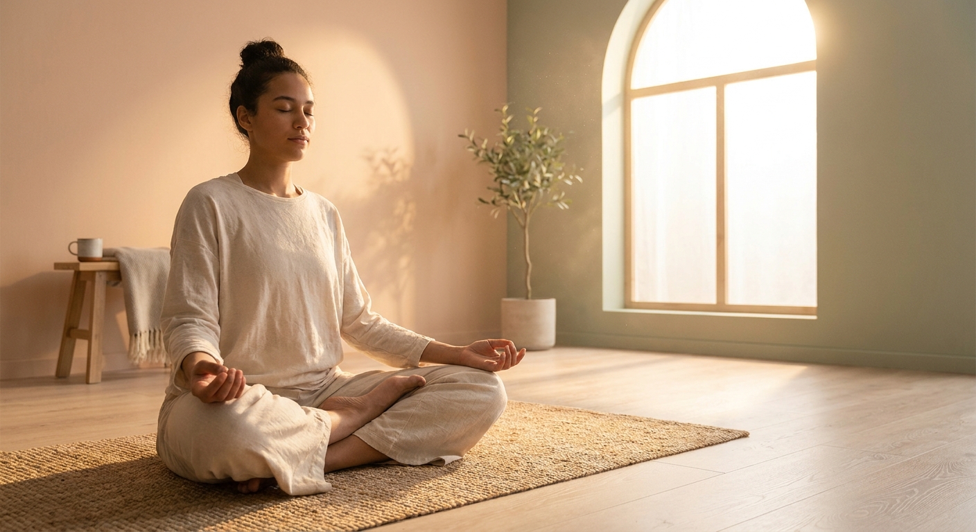 Person meditating in lotus pose during sunrise, peaceful morning meditation routine for beginners