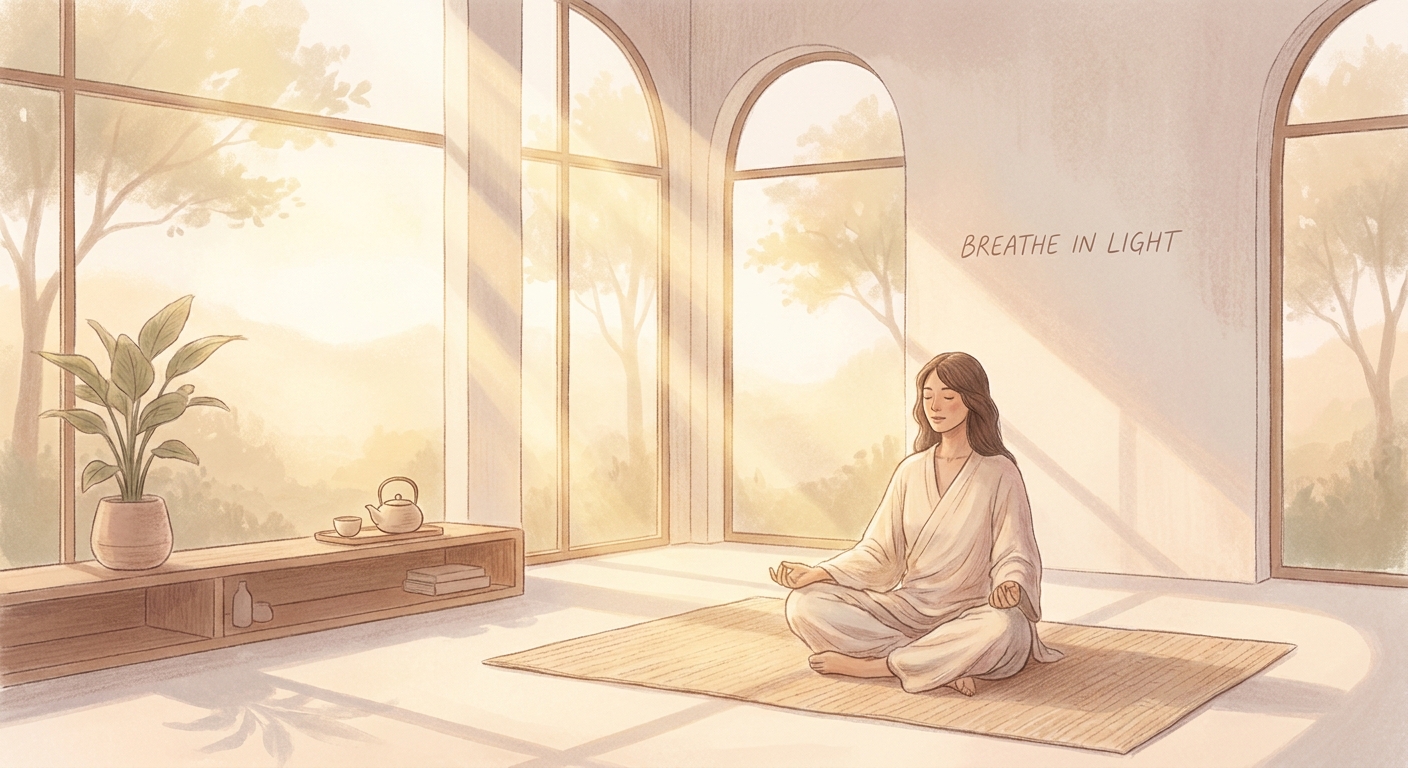 Person meditating at sunrise in a peaceful room