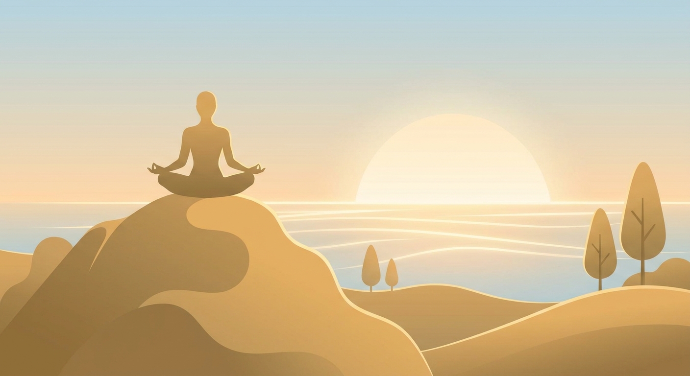 Person meditating at sunrise on a mountain top