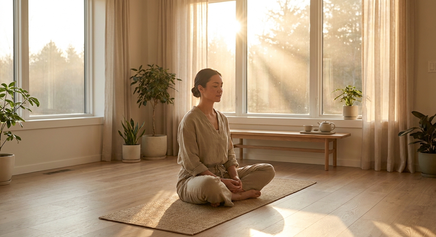 Woman meditating peacefully in a sunlit room during a morning meditation routine