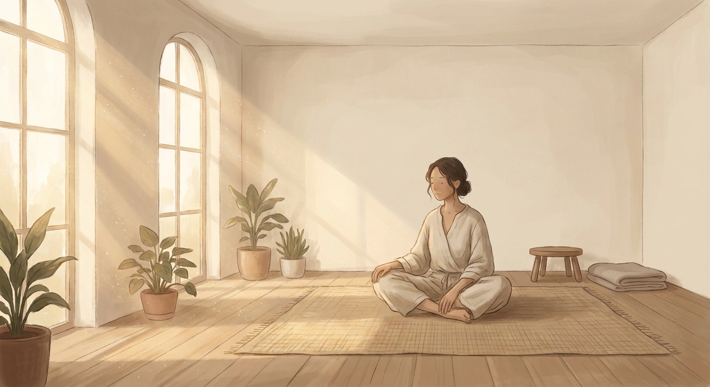 Person meditating in a sunlit room during early morning with warm golden light
