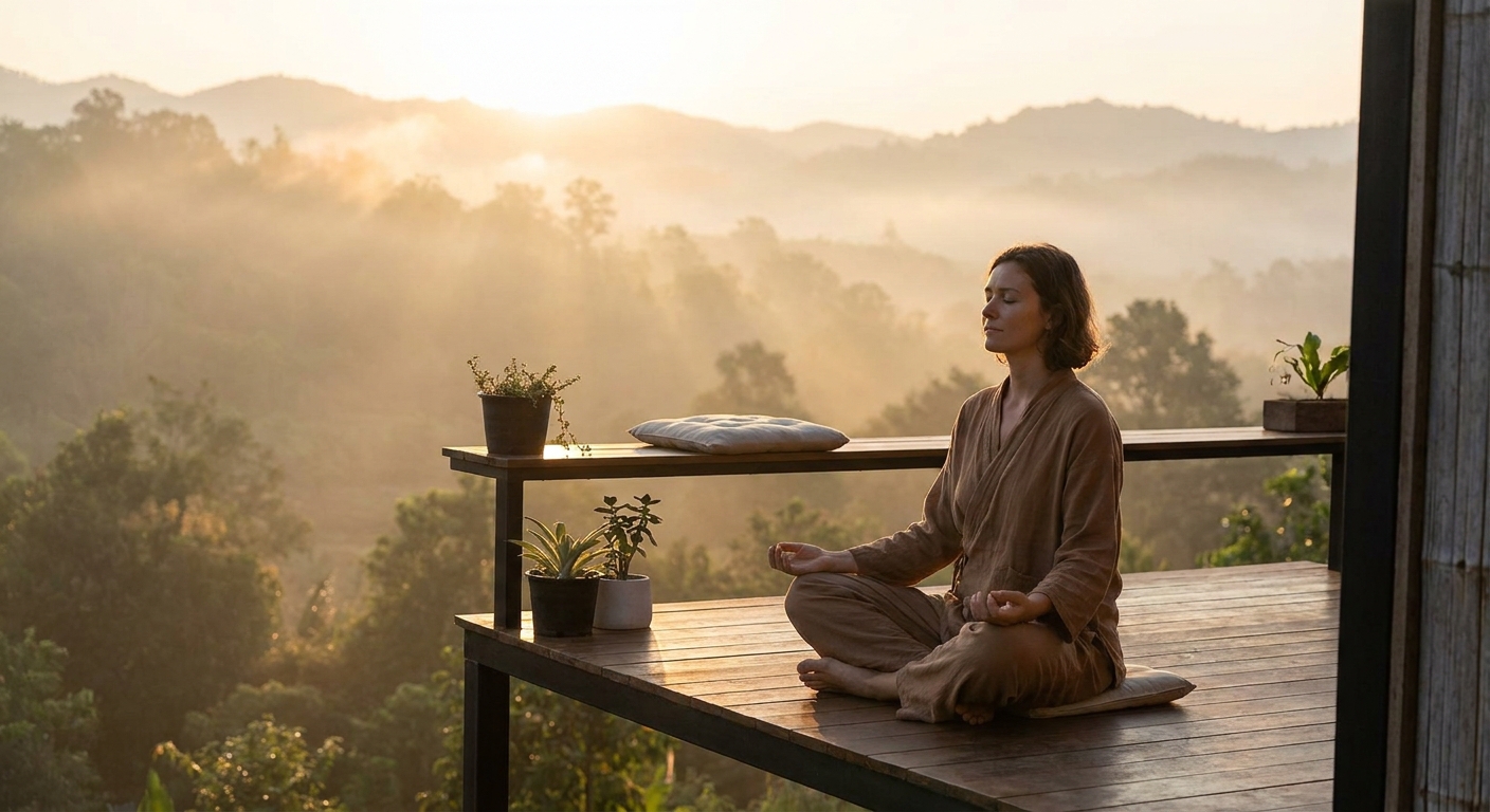 Person meditating at sunrise practicing morning meditation for mental health and wellness